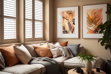 Plantation Shutter Windows Loft Apartment: Urban Views, Beige Sofa, Contrasting Pillows & Art Posters