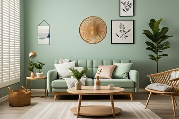 Plantation Shutter Windows: Modern Living Room with Mint Sofa, Round Wooden Coffee Table, and Green Wall Decor