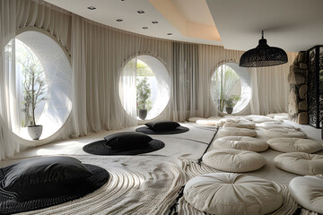 A chic meditation space. Stylish black and white interior design.
