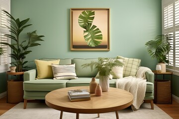 Plantation Shutter Windows Showcase: Modern Living Room with Mint Sofa, Round Wooden Coffee Table, and Green Wall Decor