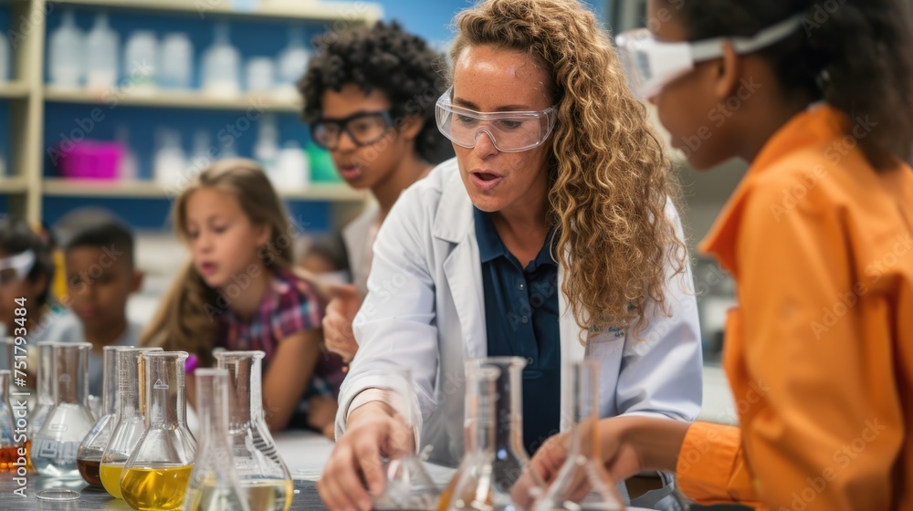 Poster a fun event is taking place in a lab where a group of children are conducting a science experiment, 