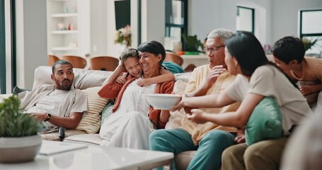 Children, surprise and scared family on sofa with parents, grandparent and watching tv together in house. Kids, men and women with funny game, shock and happy with hug for love, connection or bonding - Powered by Adobe