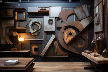 Fotobehang Reclaimed Material Art Displays: Luxury Loft Abstract Installations with Salvaged Metal and Wood © Michael