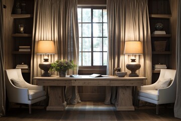 Reclaimed Wood Desks: Classic Room Elegance with Curtain, Comfortable Seating, and Cozy Lighting