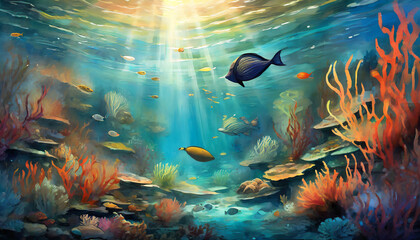 Detailed oil painting of beautiful underwater landscape with sea creatures. Marine life. Hand drawn