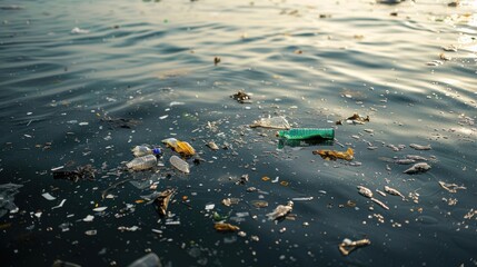 A body of water is covered in trash, including plastic bottles and other debris