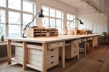 Nordic Flat Revamped: Contemporary Drawer Units on Light Wooden Tables for Stylish Workstations