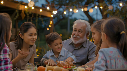 Obraz premium Happy senior hispanic grandfather enjoying an evening meal with his grandchildren, surrounded by warm string lights in a cozy outdoor setting.