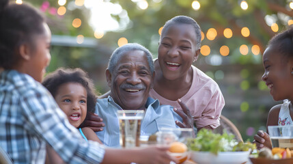 Joyful African American family sharing a meal outdoors with their smiling grandfather, creating cherished memories together.