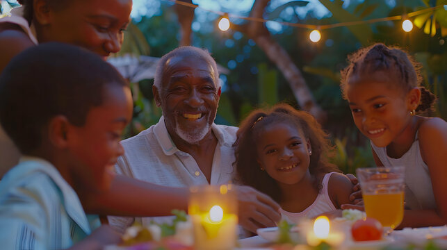 African American grandfather enjoying a warm evening outdoor meal with his grandchildren, surrounded by family and glowing lights.