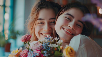 daughter congratulating and hugging mother and give her flowers for mothers day. Happy loving family concept. Happy mother's day