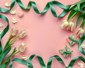 flat lay background of laid out flowers of yellow and pink tulips, green ribbon and a gift box on a background of pink paper with free space for text insertion