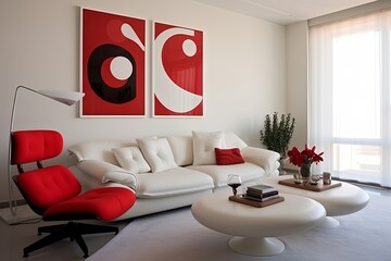 Retro Red and White Palette in Modern Apartment with Sleek Furniture and Contemporary Art