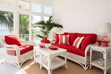 Coastal Nautical Rattan Style: Retro Red and White Room with Elegant Decor