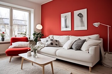 Nordic Minimalism: Retro Red and White Color Scheme with Wooden Accents