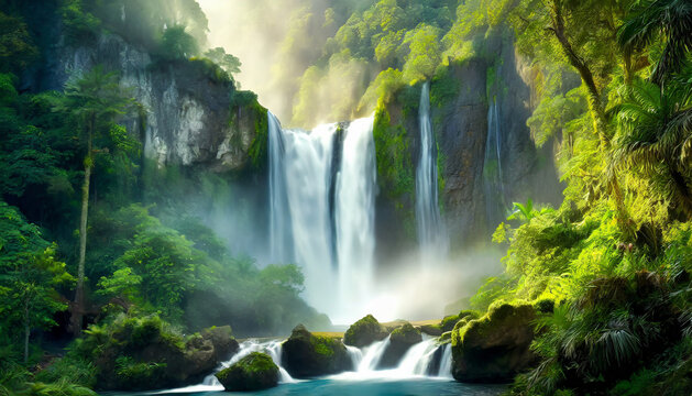 Detailed illustration majestic waterfall and green jungles. Natural landscape. Scenery of wild nature.