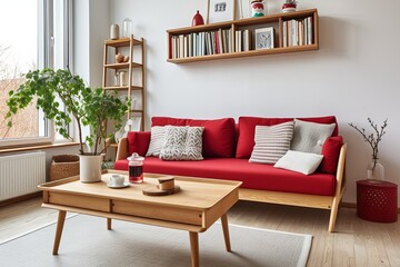 Retro Red and White Scandinavian Living Room: Vintage Sofa and Wooden Coffee Table