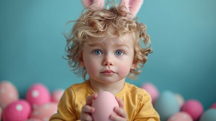 Fototapeta premium A cute little boy with rabbit ears is holding an Easter egg on a colored background