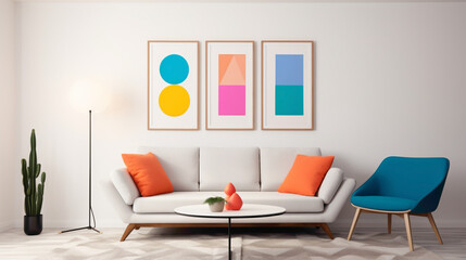 A contemporary living room setup with a blank white empty frame, featuring a vibrant, minimalist art print that adds a pop of color to the space.