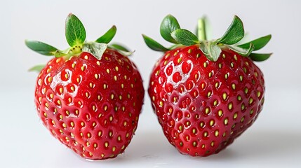 Two Plump, Shiny Red Strawberries With Fresh Green Leaves And Visible Seeds