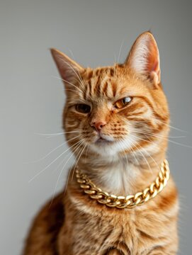An orange tabby cat wearing a gold chain necklace with a thoughtful expression