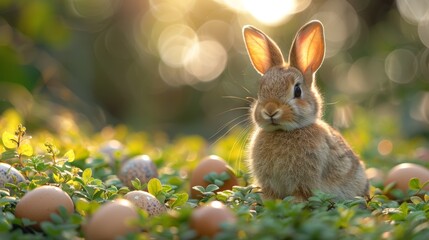 Fototapeta na wymiar Easter eggs and cute bunny in green grass