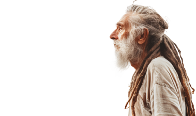 A portrait of the old man with dreadlocks.