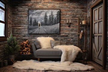 Rustic Cabin Winter Wonderland: Exposed Brick Wall Artwork with Faux Fur Rugs