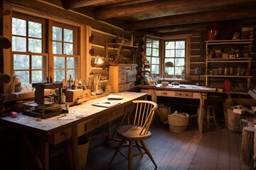Rustic Cabin Repurposed Furniture Workstations: Log Pieces Transformed Into Functional Desks - obrazy, fototapety, plakaty