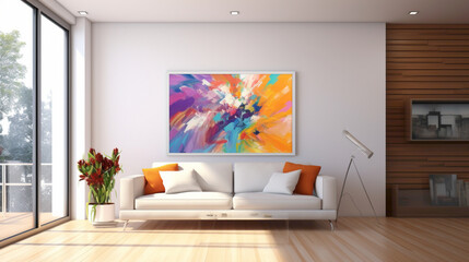 A contemporary living room setup with a blank white empty frame, featuring a vibrant, abstract digital painting that adds energy to the space.