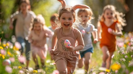Fototapeta premium Group of children wearing bunny ears and running on Easter egg hunt in garden