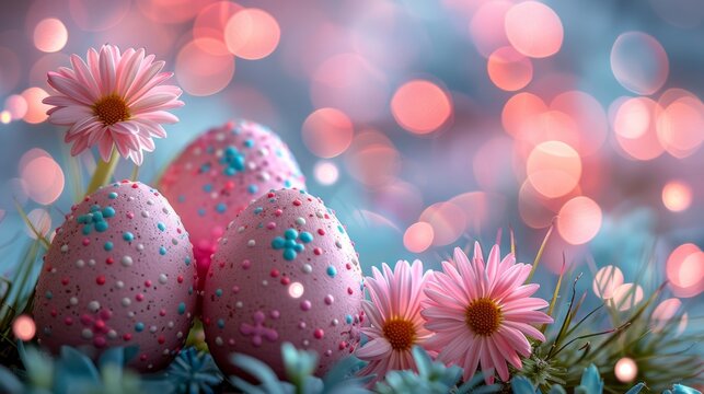 Greeting Easter background. Easter eggs and flowers