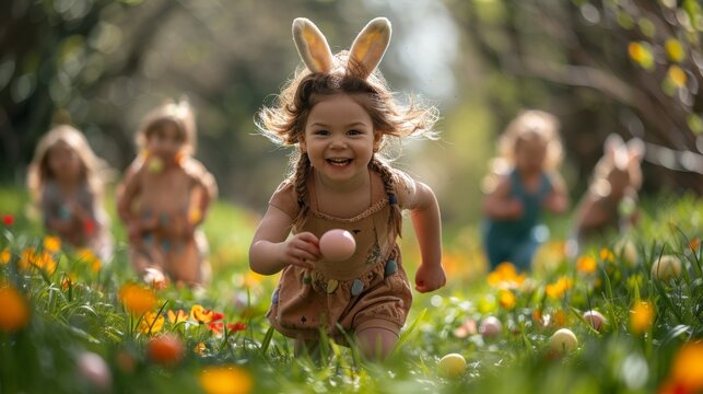 Group of children wearing bunny ears and running on Easter egg hunt in garden