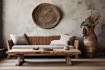 Rustic Woven Wall Hangings, Slab Wood Coffee Table & Indoor Flower Vase Design