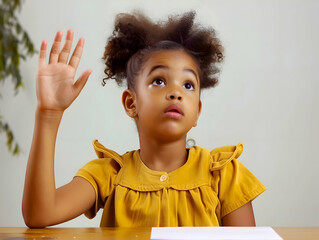 Smart black girl Raising her Hand while Sitting in class Behind a Desk and Providing a Correct Educated Answer