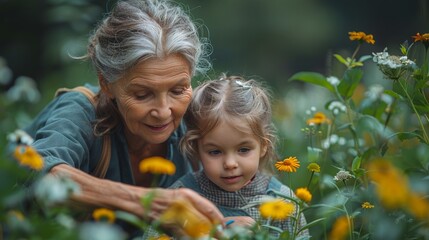 Elderly grandmother and granddaughter are engaged in gardening in the garden in the backyard