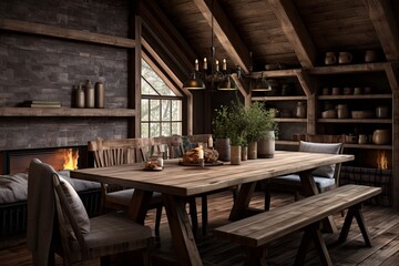Fototapeta na wymiar Smart Rustic Farmhouse Dining Space: Wood and Fabric Furniture with Built-In Gadgetry