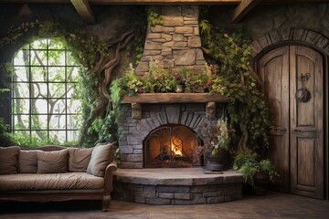 Rustic Farmhouse Enchanted Forest Wall Murals: Cozy Ambiance by Stone Fireplace