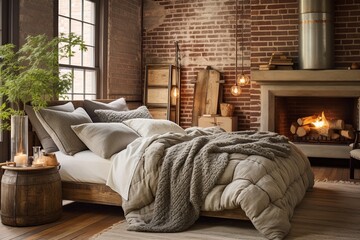 Rustic Farmhouse Charm: Exposed Brick Wall and Cozy Textile Accents