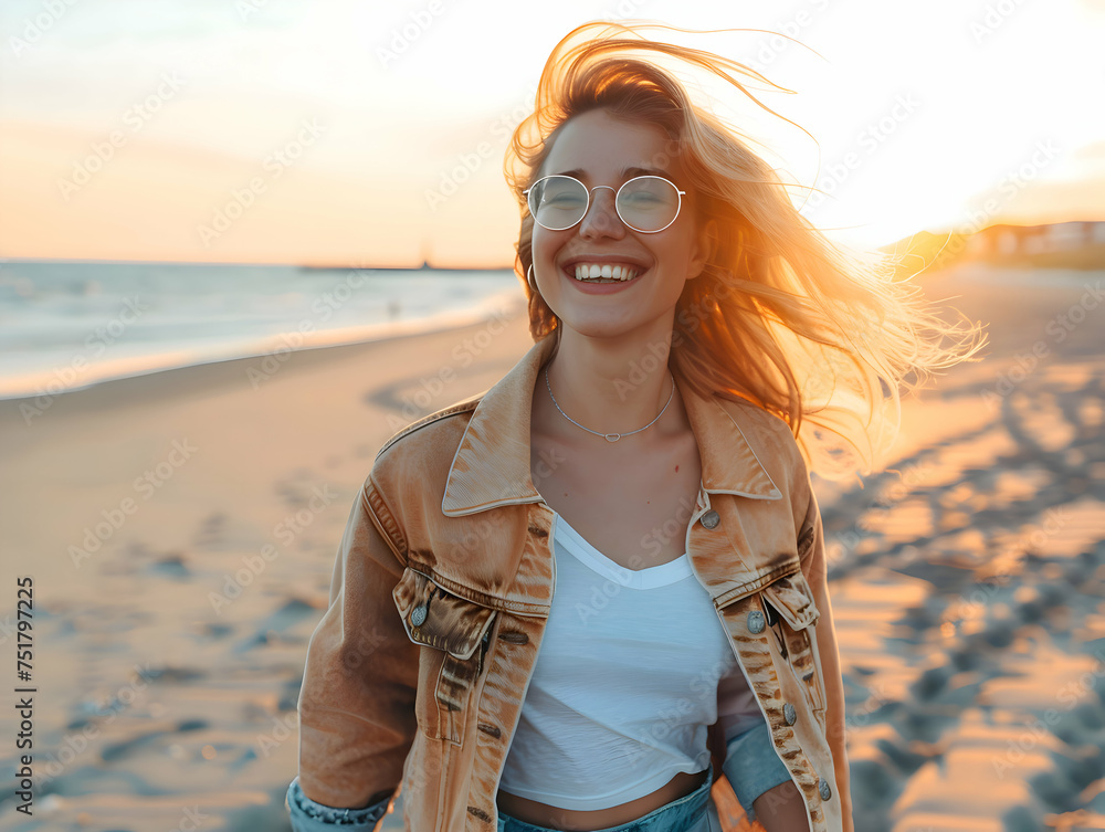 Wall mural portrait of a happy laughing blonde woman with glasses on beach smiling laughing on summer holiday v