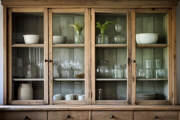 Vintage Glass Panel Rustic Farmhouse Kitchen: Wooden Frame Glass Cabinets