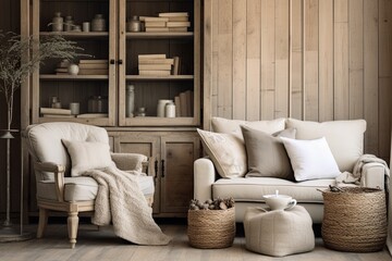 Neutral Color Palette Rustic Farmhouse with Log Furniture and Beige Wall Decor