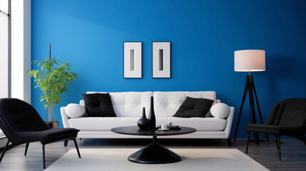 A contemporary living room with a black and white color scheme, a vibrant blue accent wall, and a minimalist coffee table.