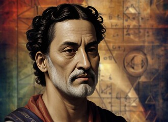 Euclid was an ancient Greek mathematician and philosopher.He dealt with various fields, from optics to astronomy, from music to mechanics, generative AI - obrazy, fototapety, plakaty
