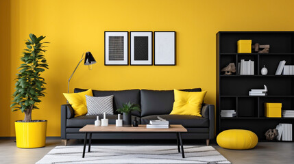 A contemporary living room with a black and white color scheme, a vibrant yellow accent wall, and a...