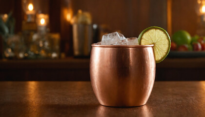 Moscow Mule cocktail with lemon slice and ice on a bar table