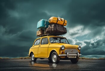 The illustration captures the essence of a family adventure, as a vintage yellow car cruises along the scenic route, its roof adorned with luggage awaiting exciting destinations. - obrazy, fototapety, plakaty