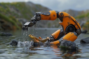 3D render of a robotic arm gently relocating endangered species to safer habitats avoiding the threats of overfishing areas