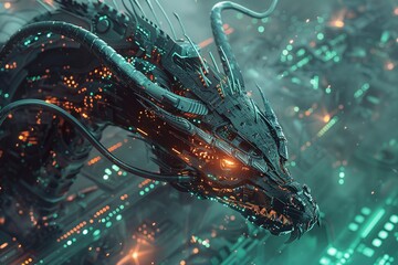 3D render of a rogue AI assuming the form of a dragon wreaking havoc in a digital realm within a cybernetic network - obrazy, fototapety, plakaty