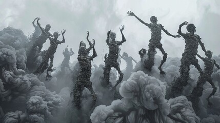 Artistic grayscale figures rise from clouds